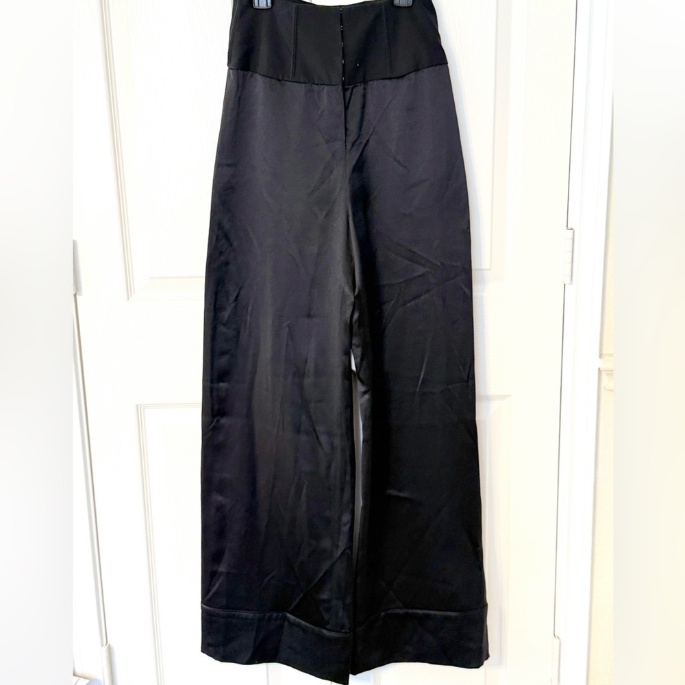 Fleur du Mal Hook Detailed Silk-Satin Wide Leg Black Pants size 2